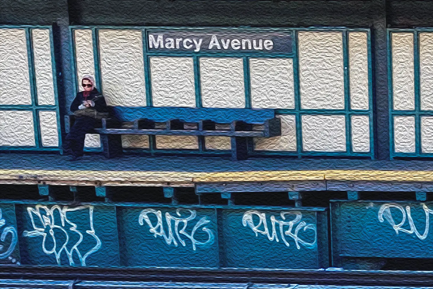 Woman sitting on a bench at the Marcy Avenue bus stop in Brooklyn, New York